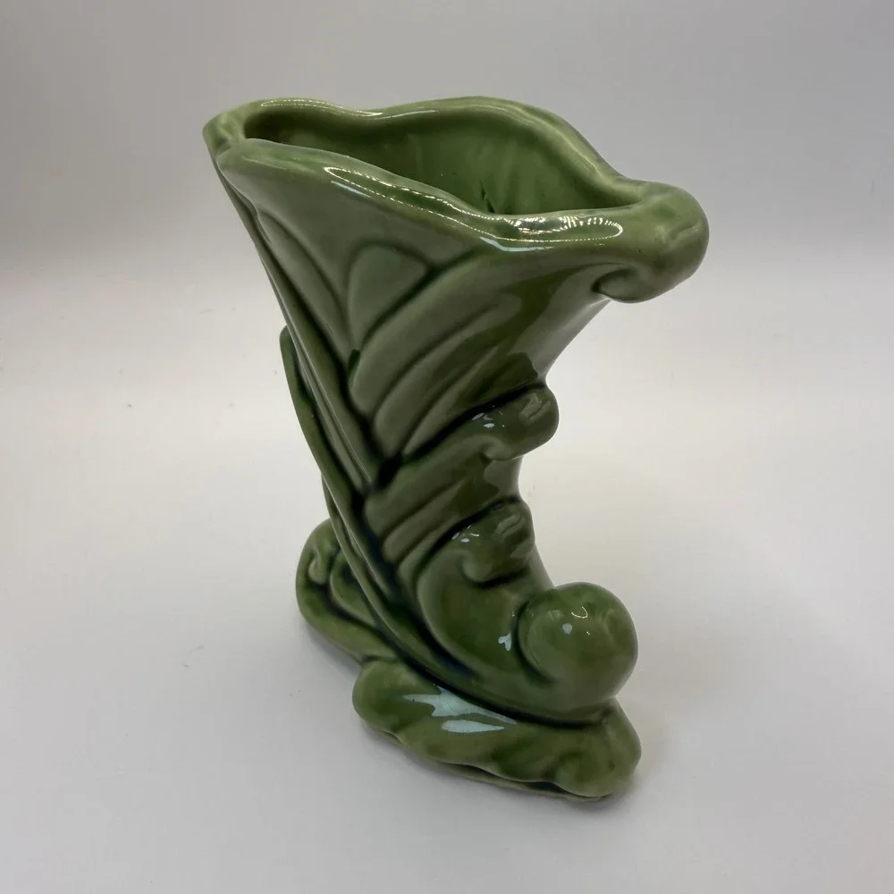 Vintage Green Glazed Ceramic Cornucopia Vase Art Deco USA 835 Mid Century 5in